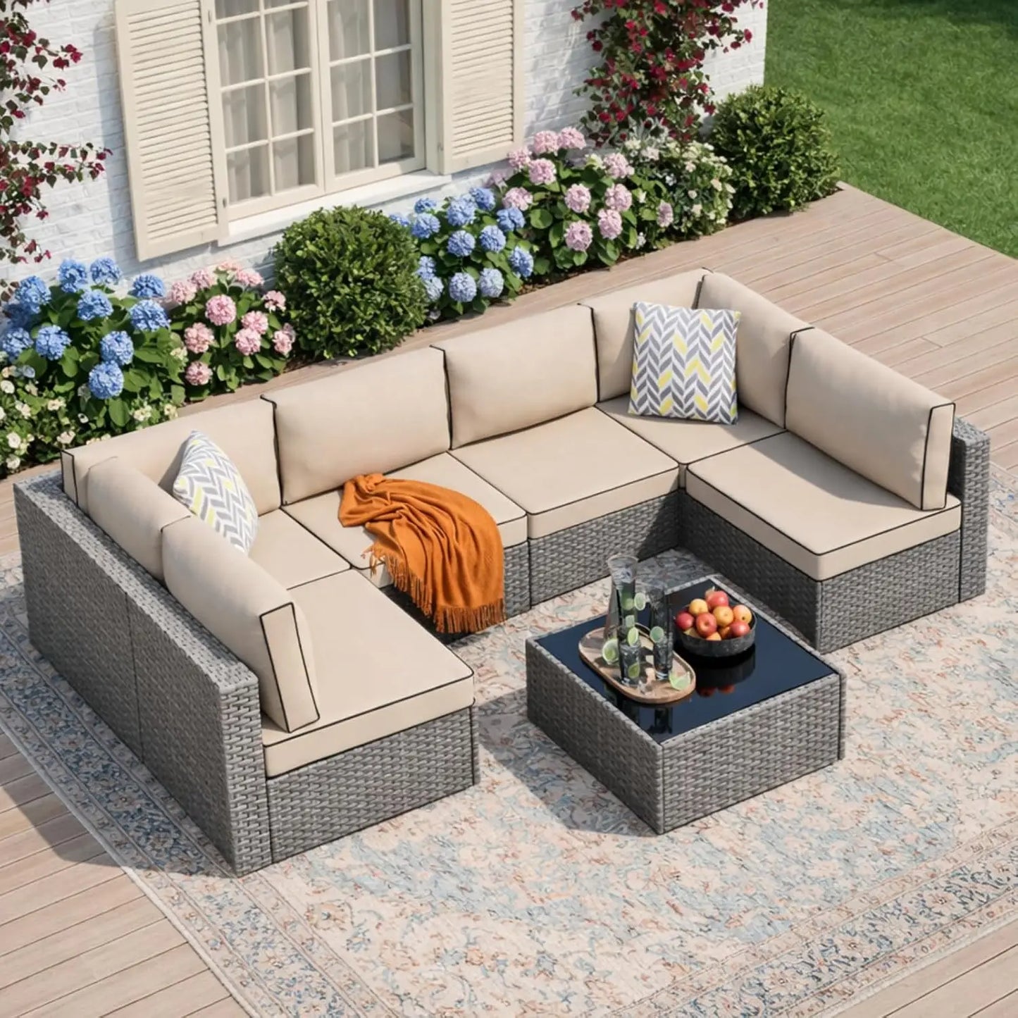 7-Piece Outdoor Patio Furniture Set, Modular PE Rattan Sectional Sofa with Thick Cushions & Glass Coffee Table,, Custom