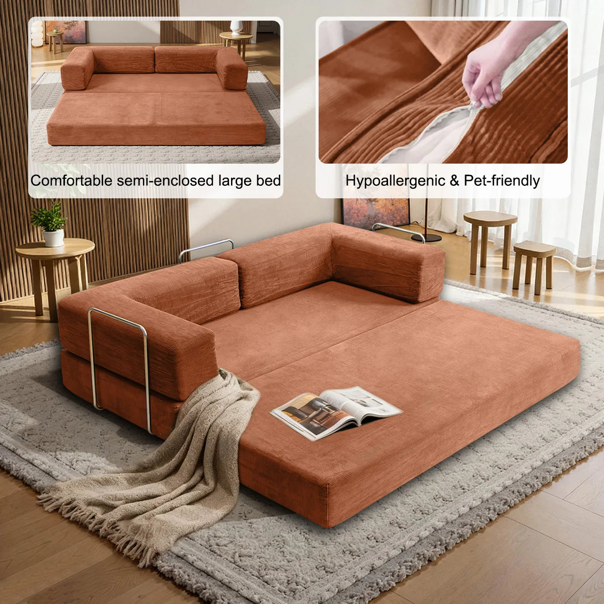 78.8" Convertible Floor Sofa Bed, 2-in-1 Foldable Sleeper Couch with Throw Pillows, Multifunctional Living Room Furniture