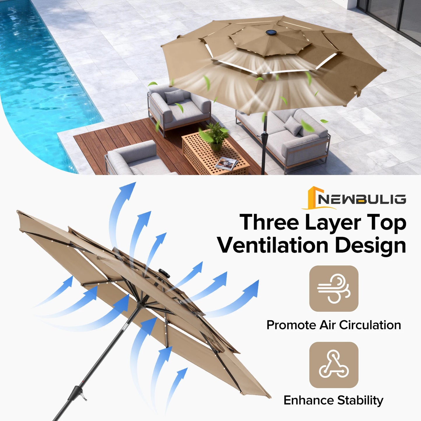 JHK 3-Tier 10FT Outdoor Patio Umbrella with 32 LED Lights Crank 8 Sturdy Ribs Table Umbrella for Pool Beach and Outdoor
