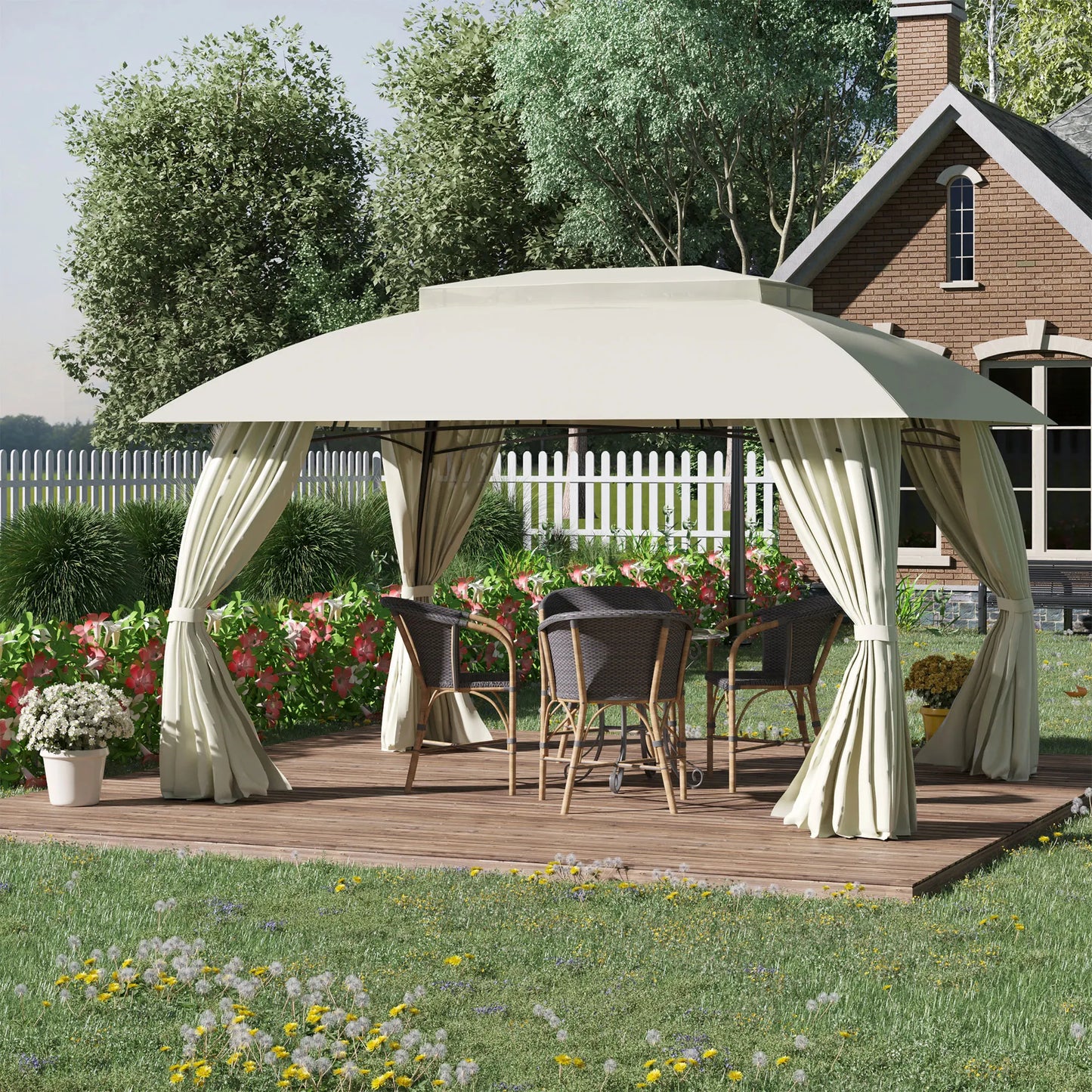 13' X 10' Patio Gazebo, Double Vented Canopy Shelter, Curtains, Steel, Beige