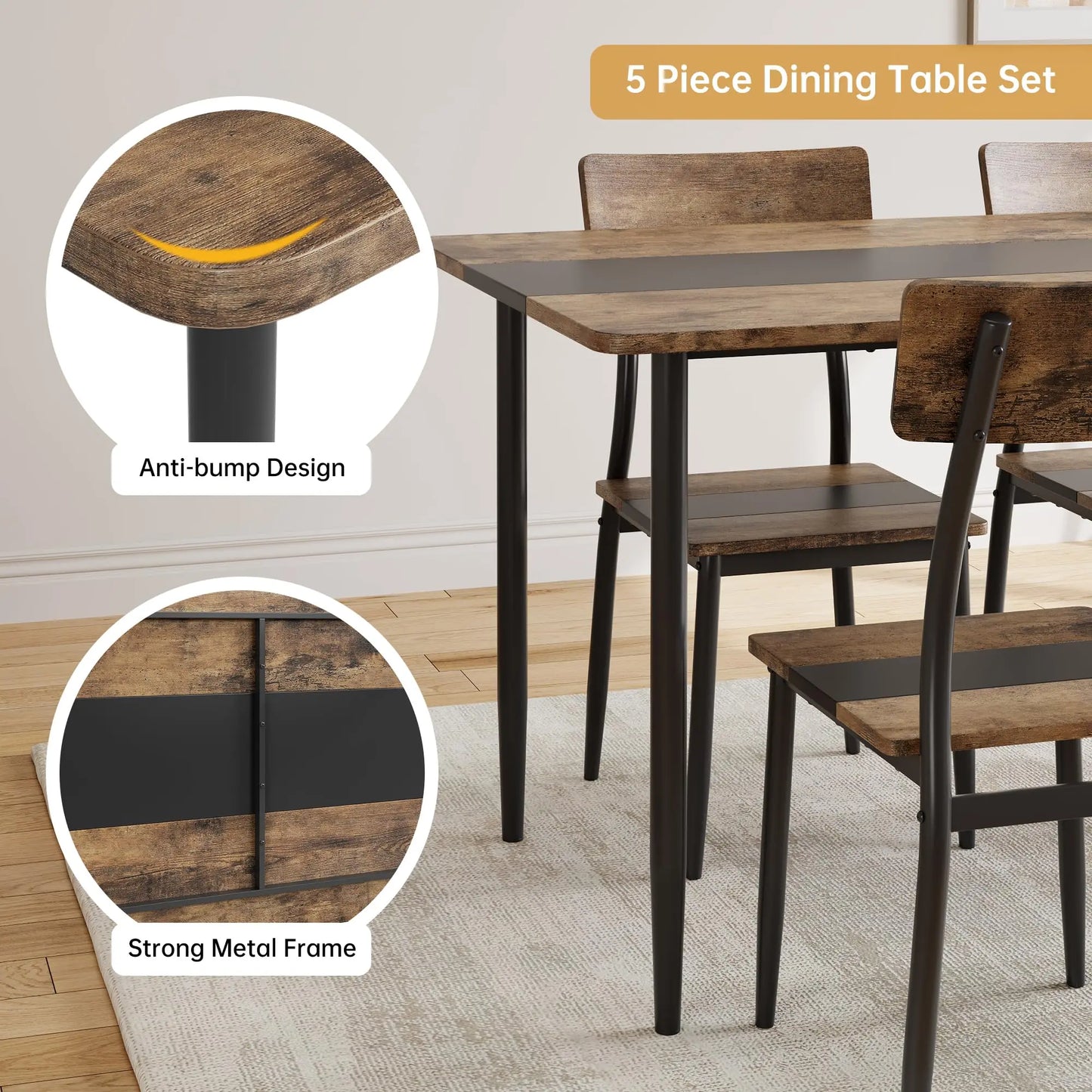 Dining Table Set For 4 With Chairs, Kitchen Table, 2 Tone MDF Top Metal Frame, Space Saving Set For Apartment Home