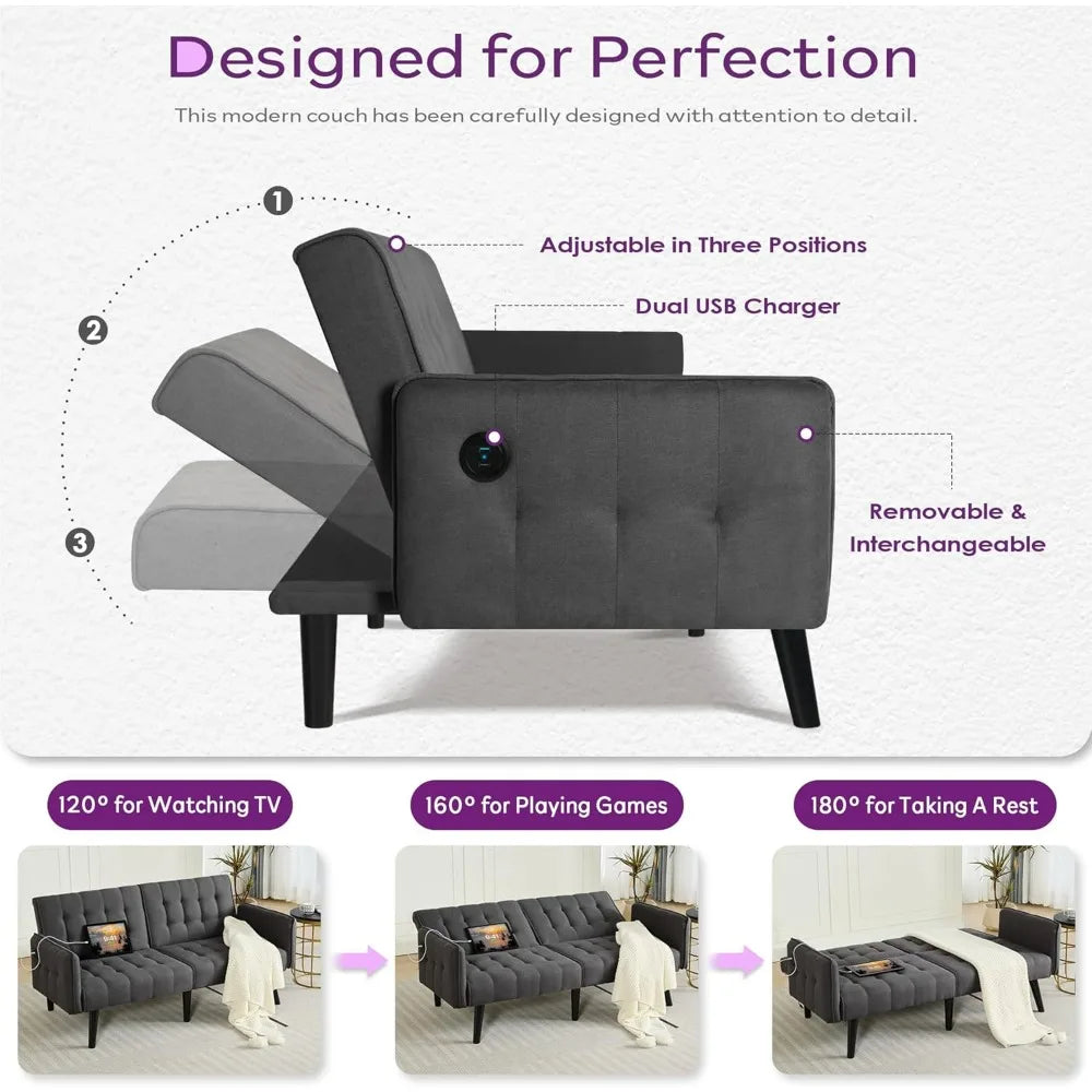 TYBOATLE Tufted Futon Sofa Bed With USB And Adjustable Back