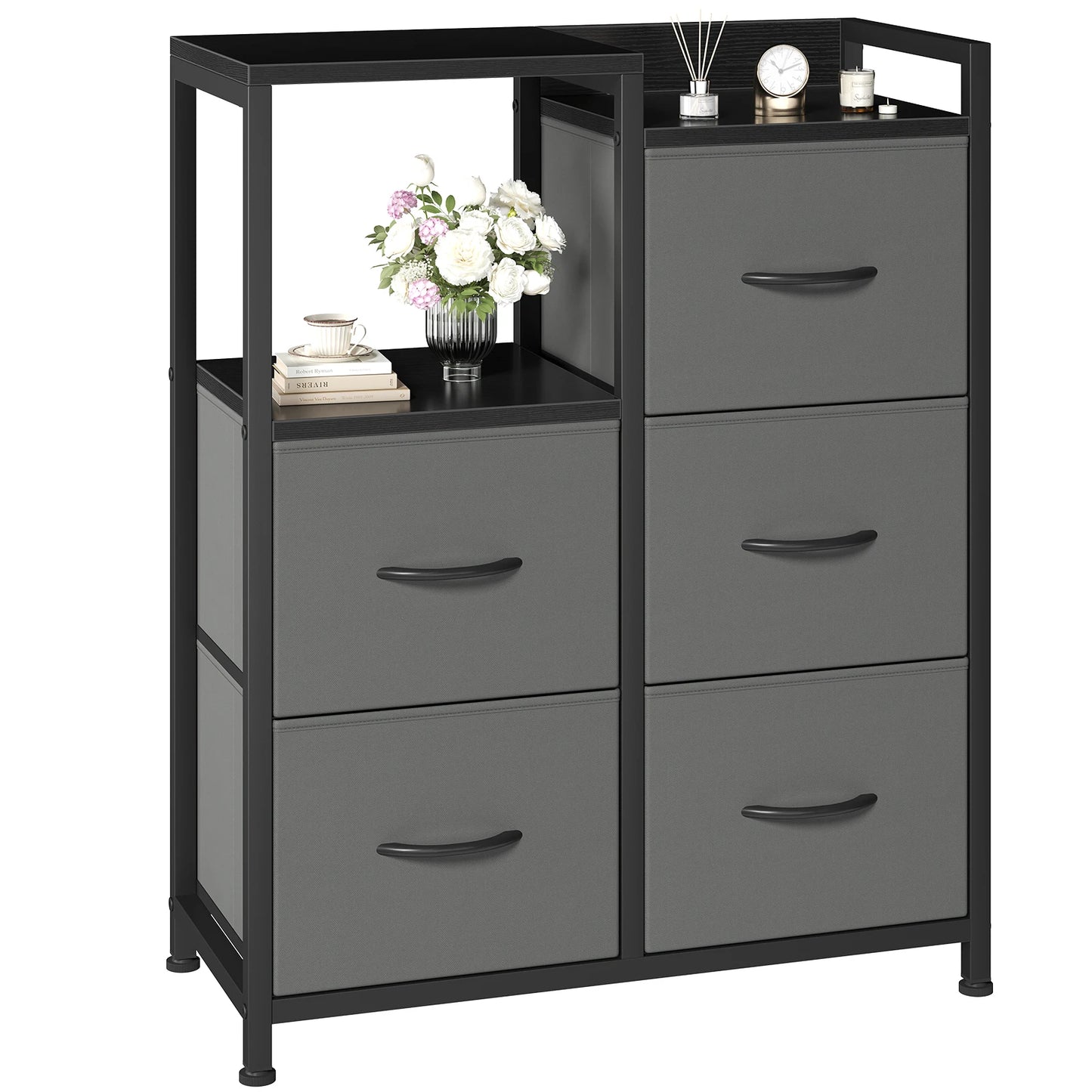 JHK  5 Fabric Drawer Chest with Raised Shelf Metal Frame TV Stands for Bedroom Storage Tower with Bins for Closet Organization Hallway Storage for Home