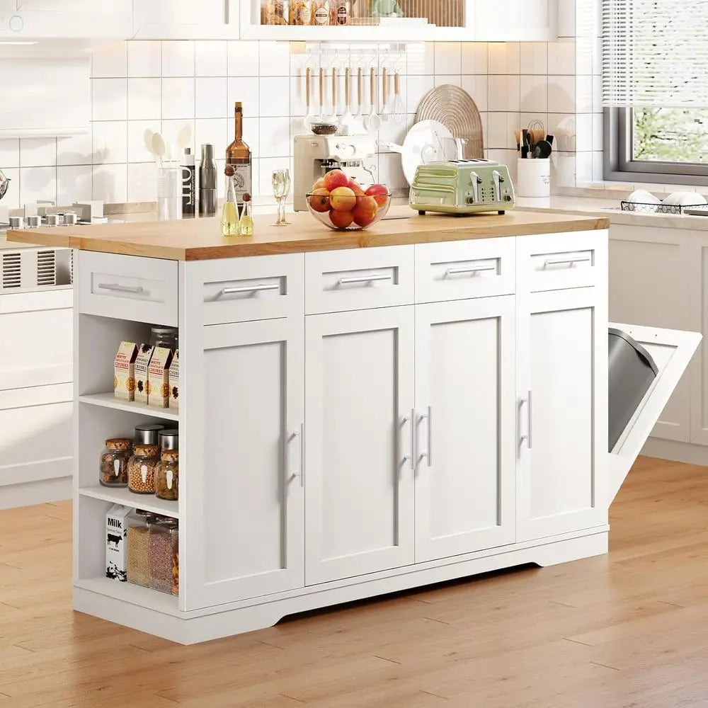 53'' Rolling Kitchen Island with Power Outlet, Drop Lea & Trash Can Storage, Large Island Cart on Wheels with Rubberwood Top, 4
