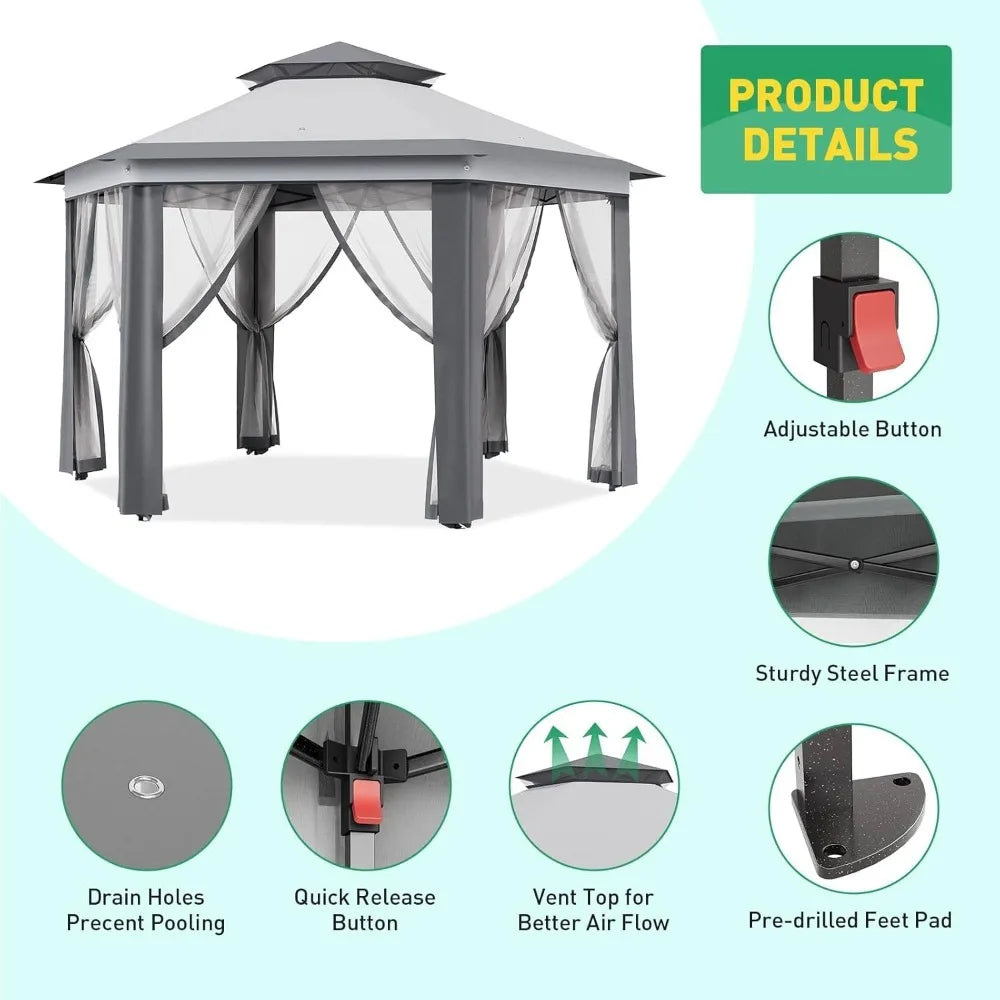 Alloy Steel Pop Up Gazebo With Mosquito Netting Vent Roof