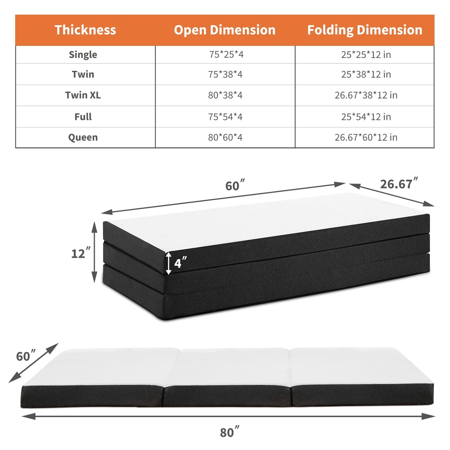 JHK 3-4Inch Soft Mattress Tri-Fold Memory Foam Mattress with Collapsible and Washable Cover Portable Floor Bed for Travel Yoga