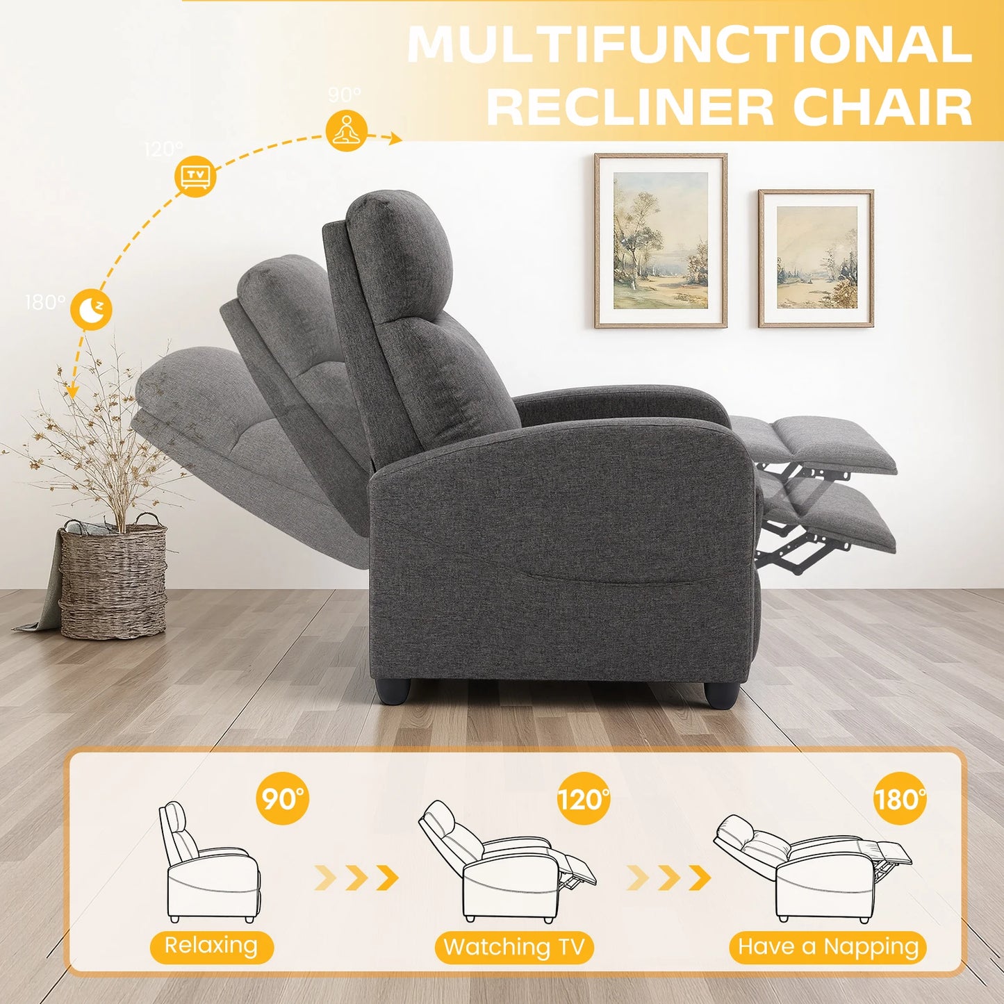 MCQ Living Room Recliner Sofa with Lumbar Support Sofa Fabric or Pu Leather for Adults Recliners Home Theater Seating Reclining Sofa Chair for Living Room