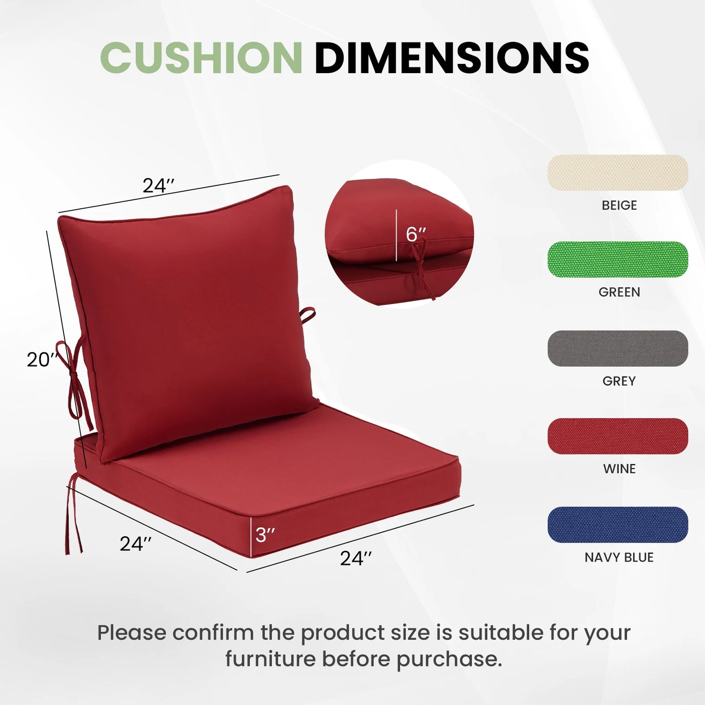 Outdoor Chair Cushions Set of 2, 24"× 24" Outdoor Sofa Replacement Cushions with Removable Cover for Patio Furniture