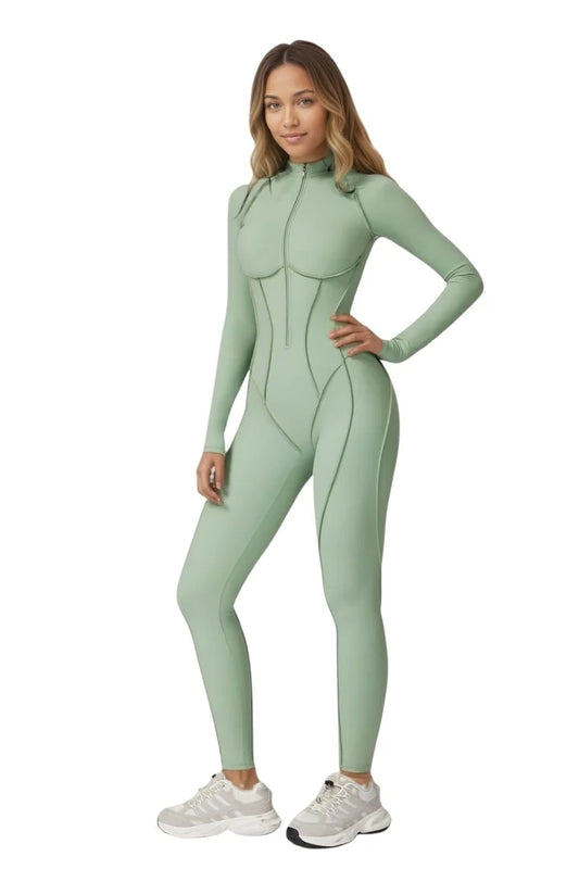 Women Zip Front Long Sleeve Yoga Jumpsuit With Tummy Control