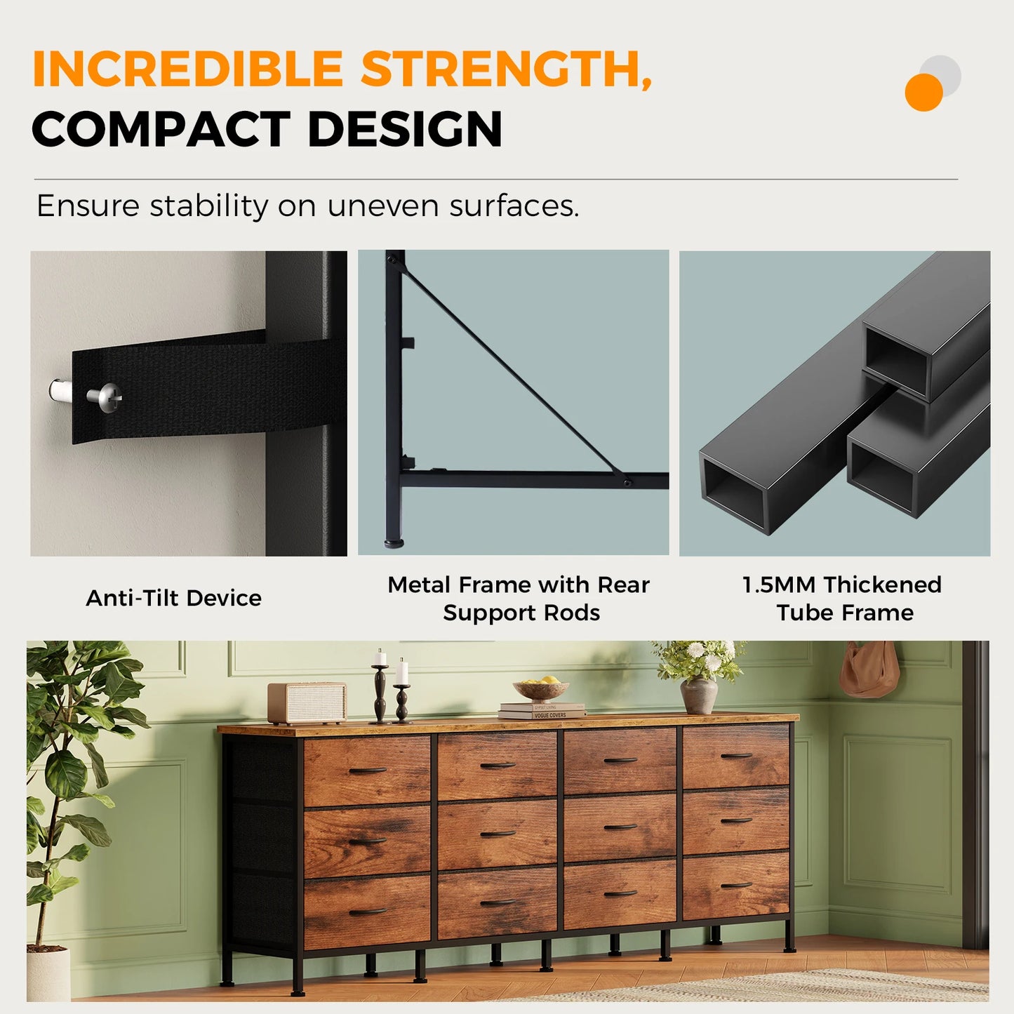 JHK 12 Fabric Cabinet For Living Room Drawers Beside Nightstand Tables Wood Top Entertainment Center Large Fabric TV Consoles for Bedroom Up to 80'' TVs Storage Closet Chest Clothes Display Of Furniture