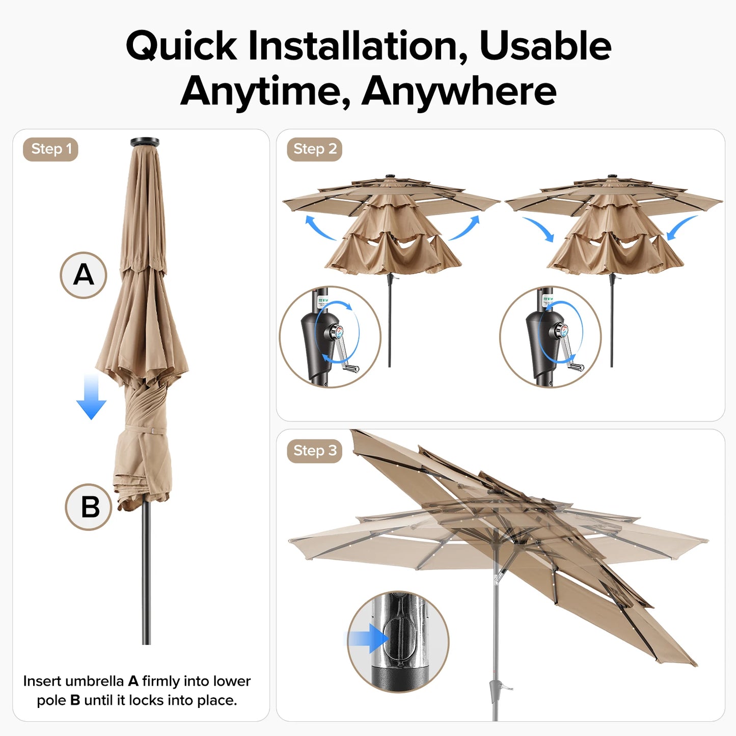 JHK 3-Tier 10FT Outdoor Patio Umbrella with 32 LED Lights Crank 8 Sturdy Ribs Table Umbrella for Pool Beach and Outdoor