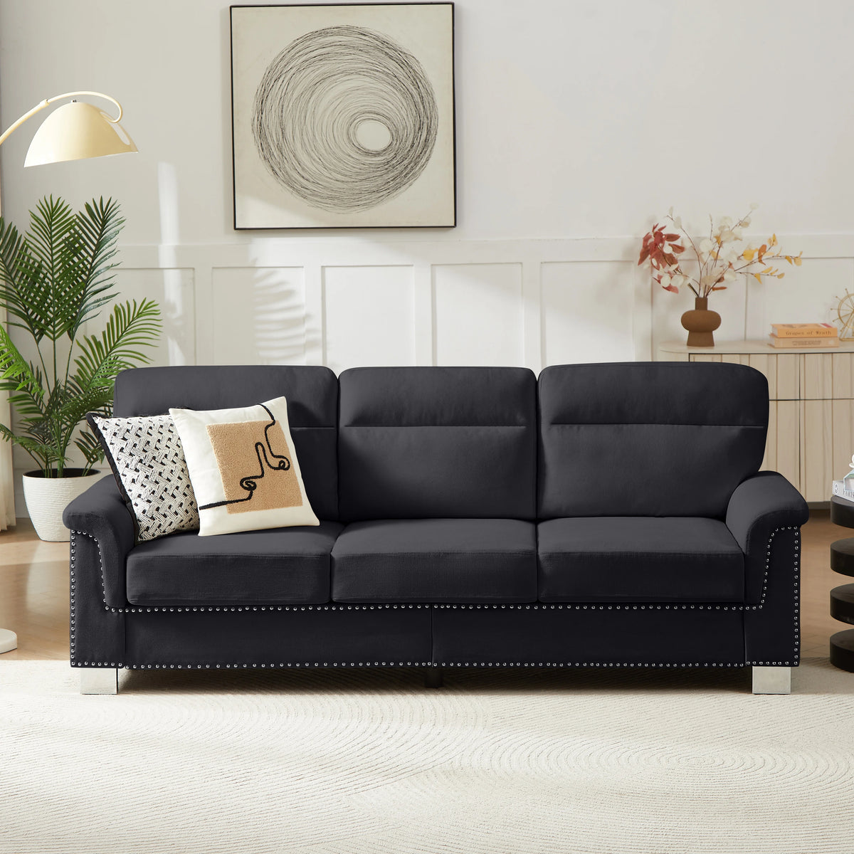 Modern Three Seater Sofa With Nailhead Trim And Metal Legs