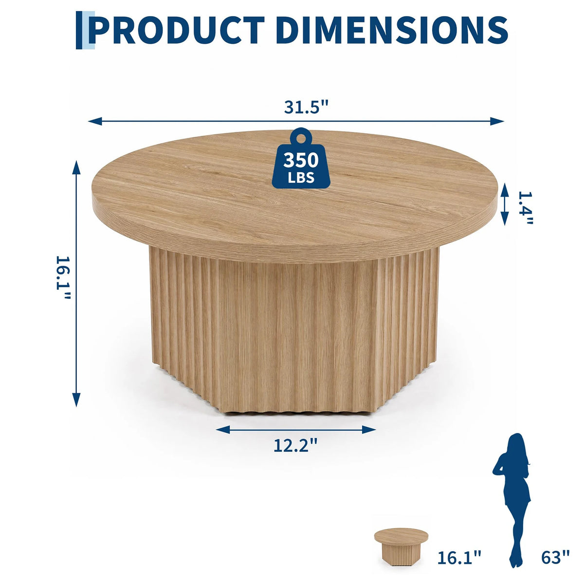 HiMISS Modern Fluted Drum Pedestal Coffee Table for Living Room