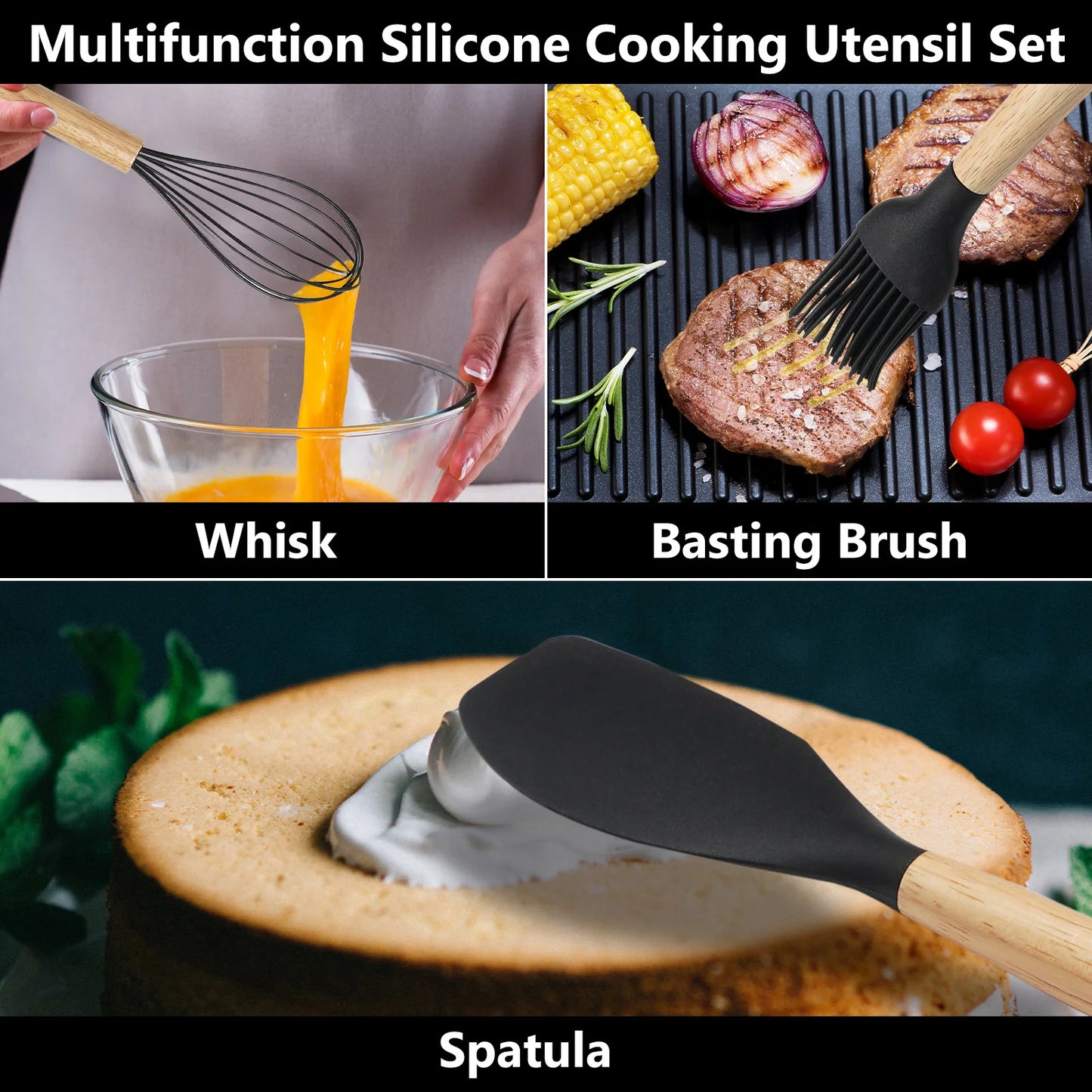 KOOMADE 12Pcs Silicone Cooking Utensils Set Natural Wood Handle Heat Resistant Non-Stick Kitchen Spatula Spoon Whisk Tongs Baking Tools With Storage Holder Kitchen Cookware Accessories