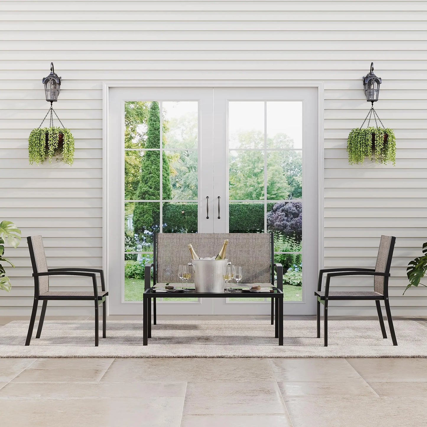 Modern 4 Piece Metal Patio Furniture Set Breathable Mesh Outdoor Loveseat & Chairs With Table For Deck Apartment Porch Backyard