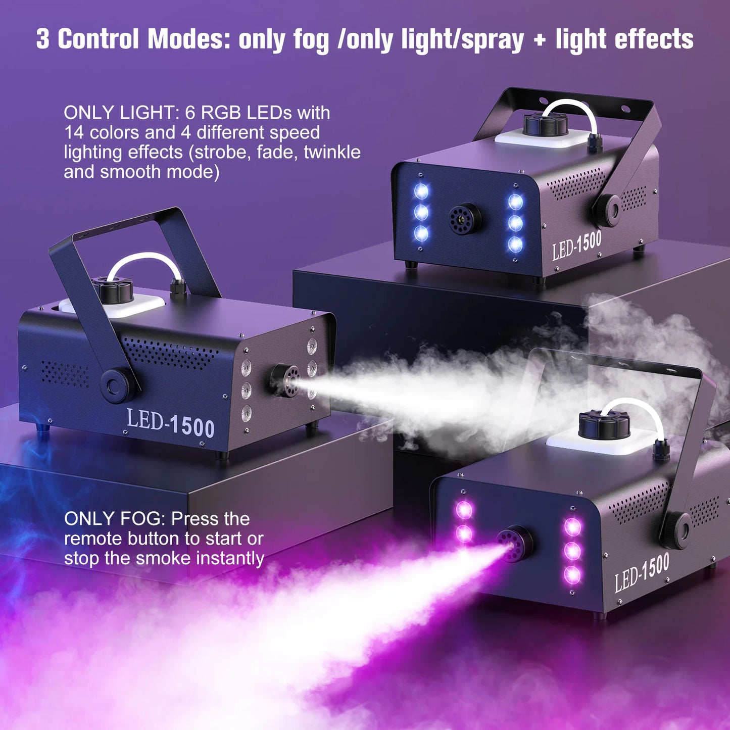 U'King 1500W Smoke Machine RGB 6 LED Fog Machine with Remote Control for DJ Disco Party Christmas Stage Effect Fogger Machine