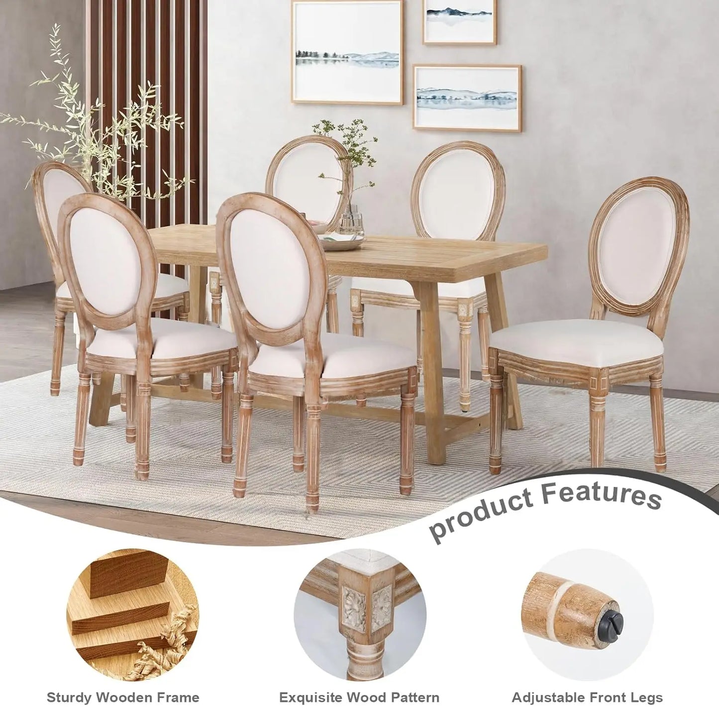 Beige Fabric Square Back Dining Chairs Set of 2 Solid Wood Legs Frame French Country Kitchen Dining Room, Custom