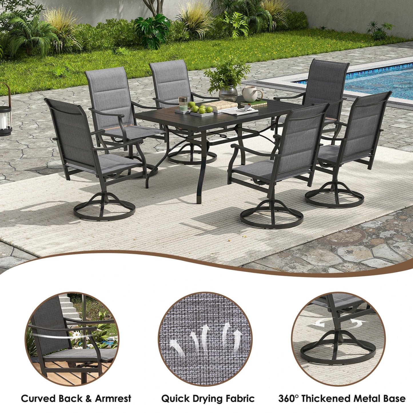 Farini 360° Swivel Outdoor Dining Chairs Set of 2, Patio Metal Paded Armchair with Textilene Fabric, All-Weather Resistant