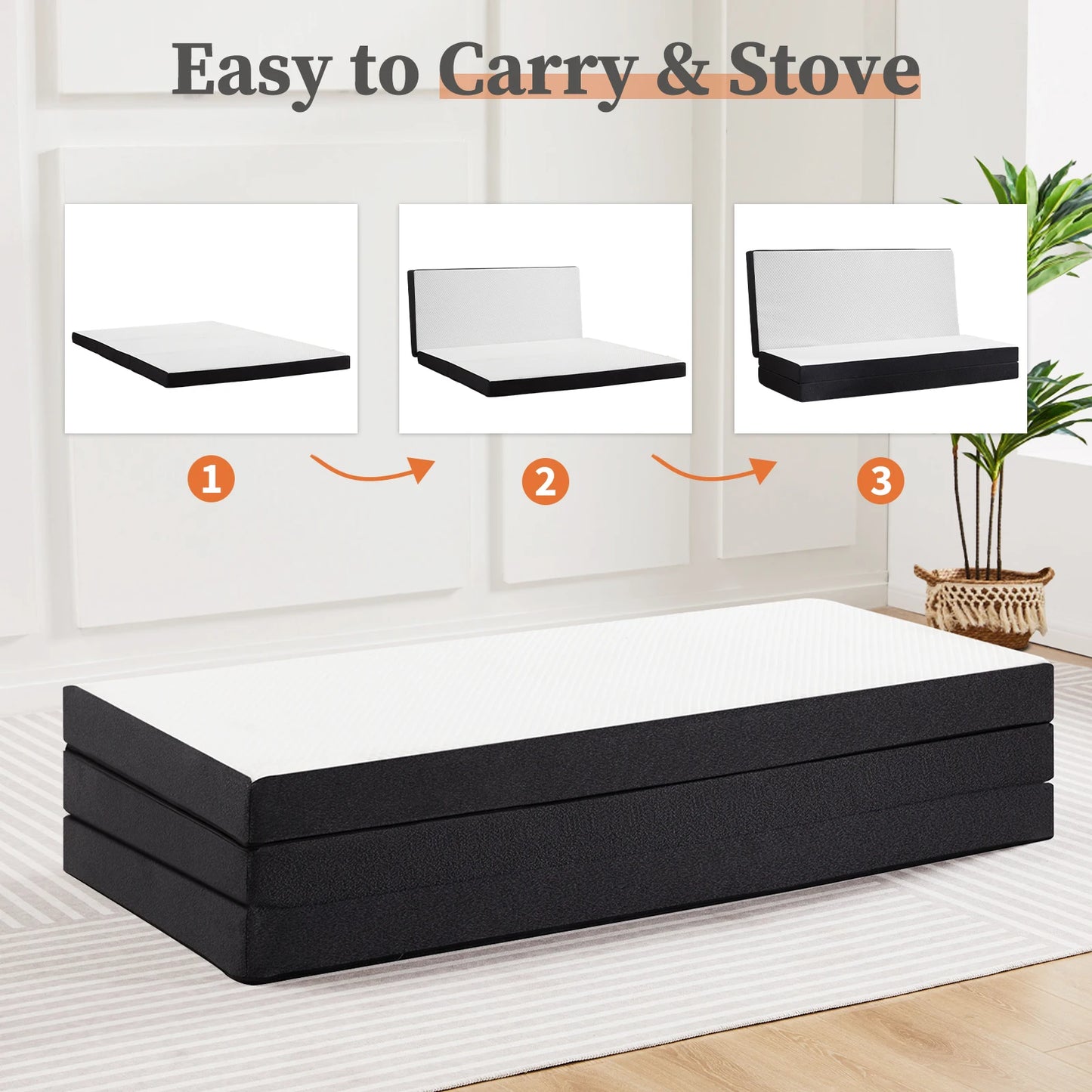 JHK 3-4Inch Soft Mattress Tri-Fold Memory Foam Mattress with Collapsible and Washable Cover Portable Floor Bed for Travel Yoga