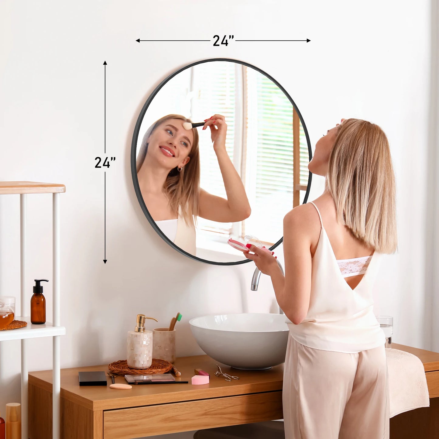 JHK Round Vanity Framed Mirror With Matte Metal Frame Tempered Glass