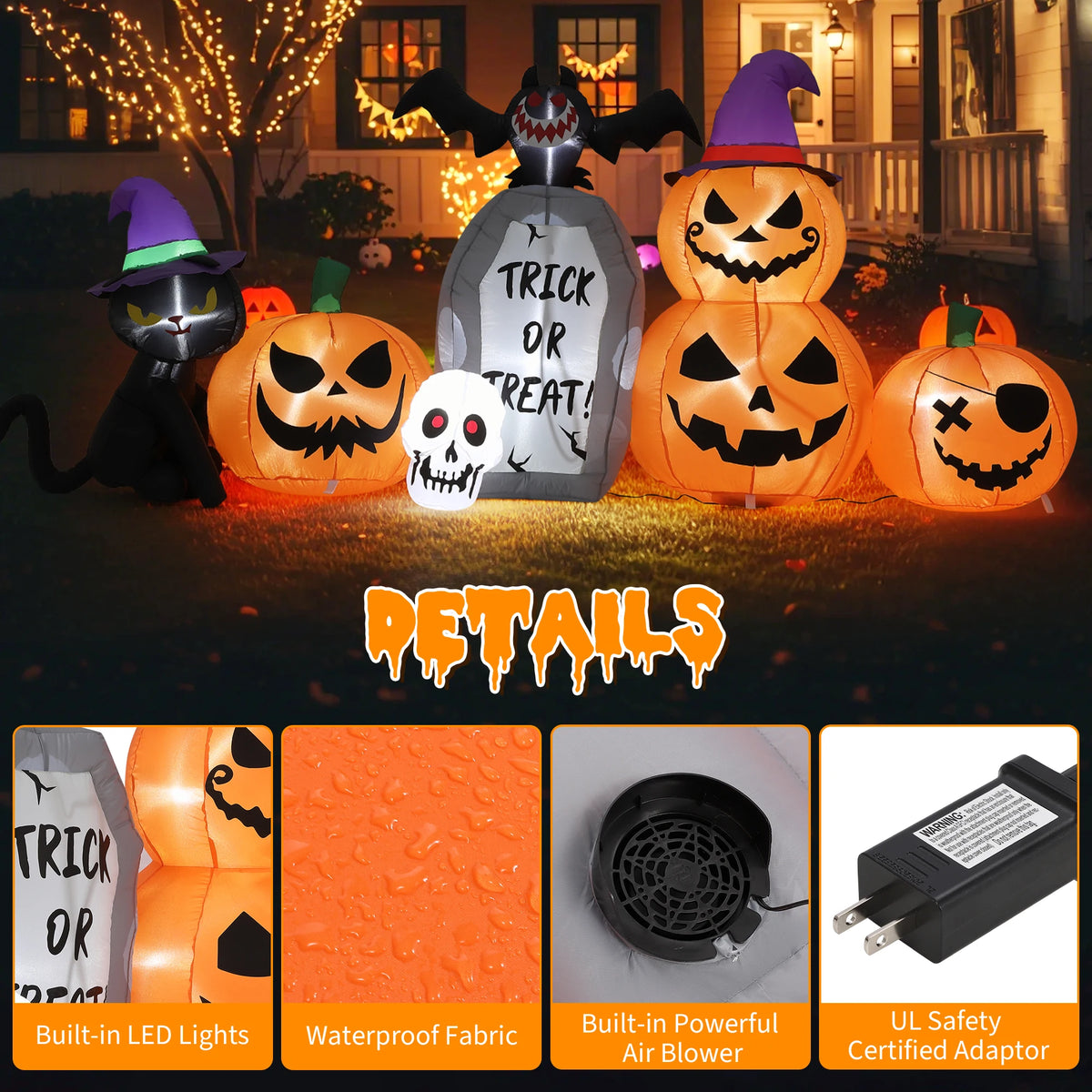 HiMISS Halloween Pumpkin Cat Tombstone Inflatable LED Yard Decor