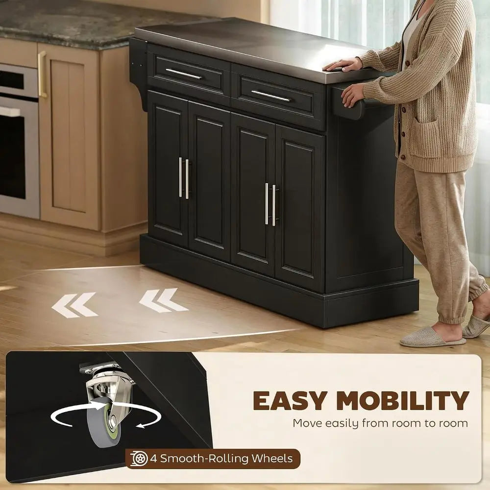 Rolling Kitchen Island Cart with 47" StainlSteel Top, Portable Island Table or Kitchen with Wheels, Adjustable Shelves, 2 Ders,