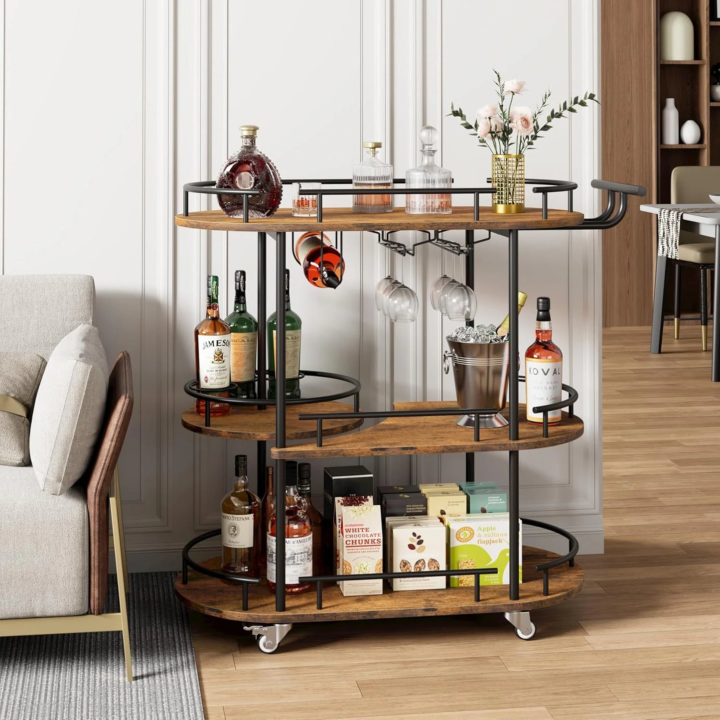 HiMISS 3 Tier Drinks Trolley Bar Cart Wheels Wine Rack