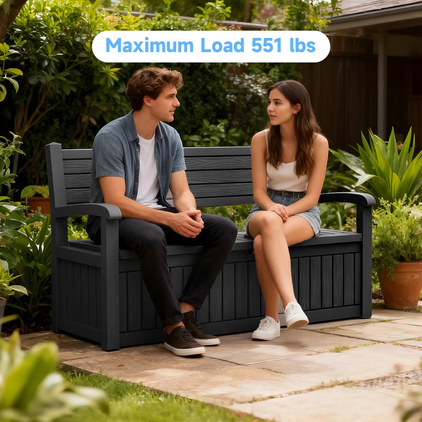Outdoor Patio Storage Bench Plastic Weather Resistant Bench with Storage Space for Backyard Garden Poolside