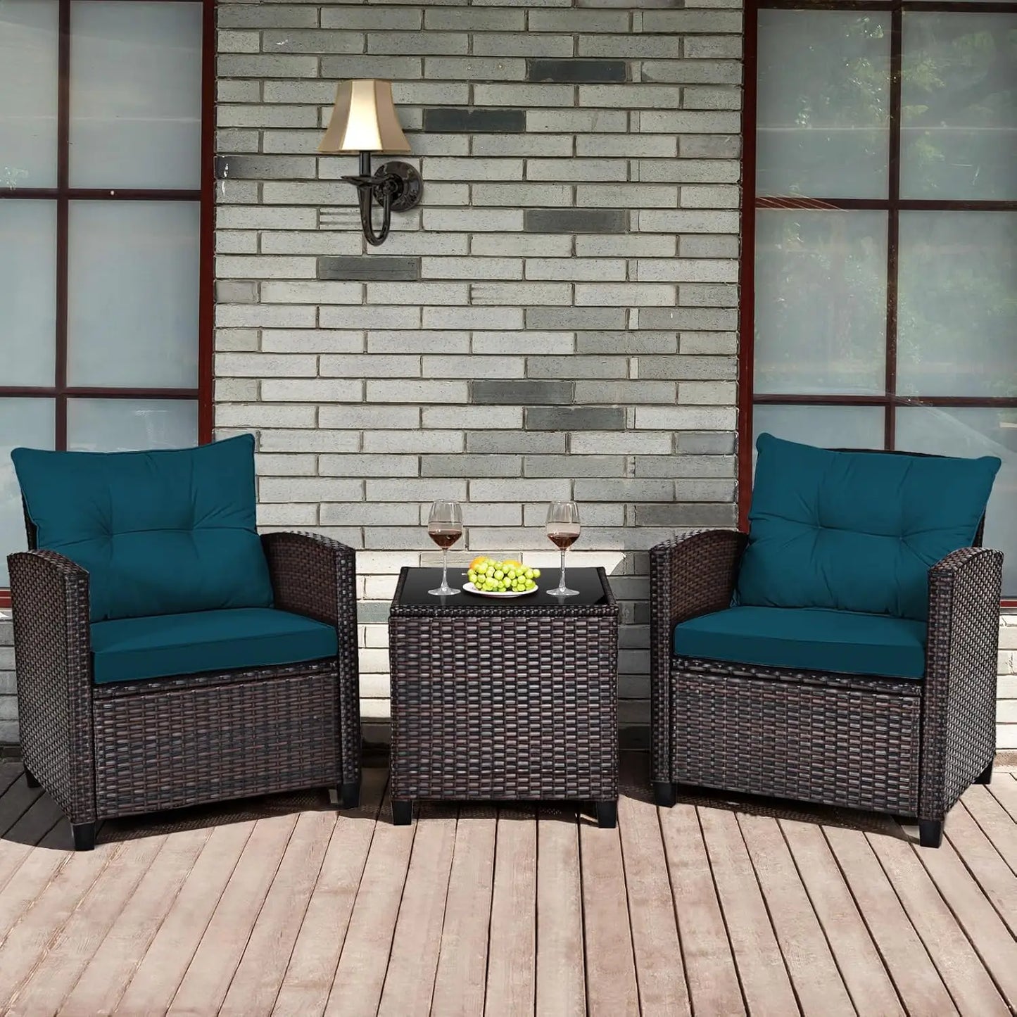 3 Pieces Patio Furniture Set, PE Rattan Wicker 3 Pcs Outdoor Sofa Set w/Washable Cushion and Tempered Glass, Customized