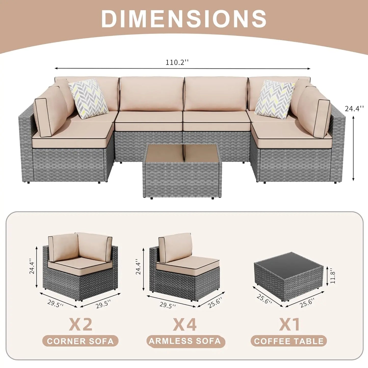 7-Piece Outdoor Patio Furniture Set, Modular PE Rattan Sectional Sofa with Thick Cushions & Glass Coffee Table,, Custom