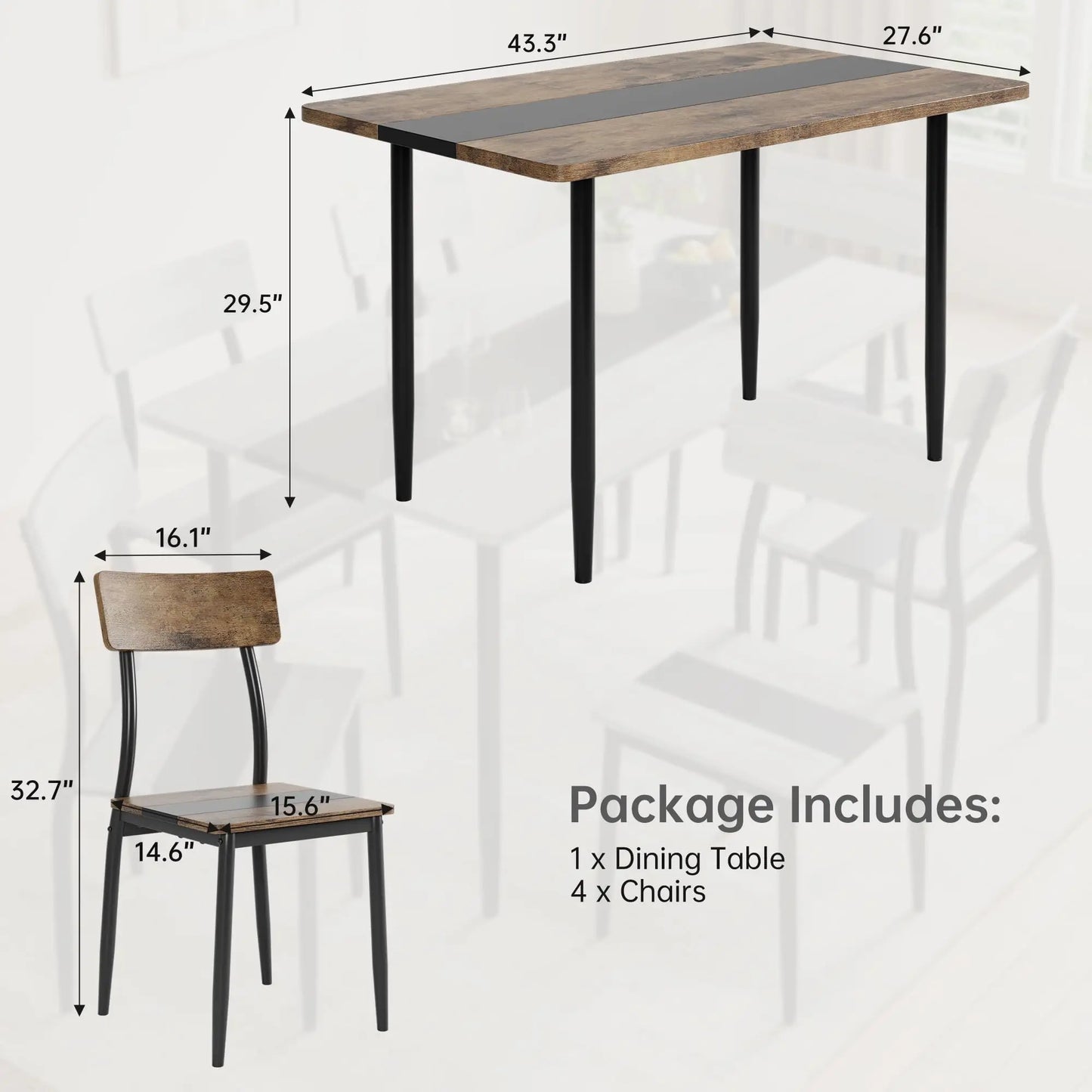 Dining Table Set For 4 With Chairs, Kitchen Table, 2 Tone MDF Top Metal Frame, Space Saving Set For Apartment Home