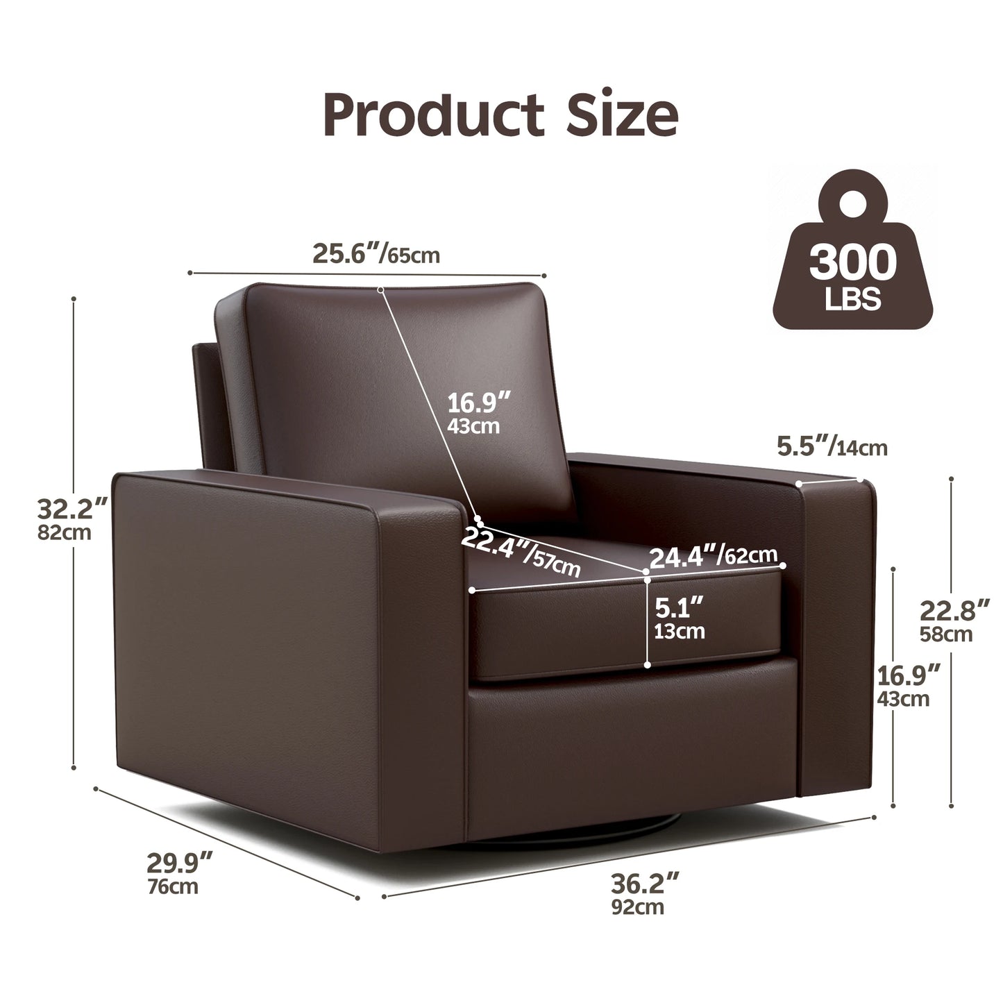 KERDOM 360° Swivel Accent Chair, PU Leather Living Room Chairs with Deep Seat and Upholstered, Square Armchairs for Bedroom, Reading Nook, Easy Assemble, Espresso