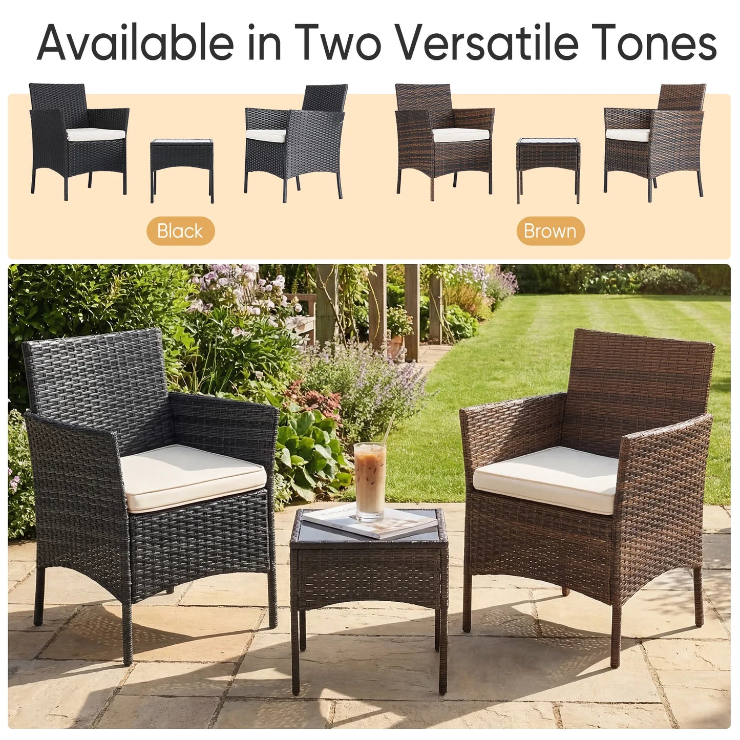 Three Piece Outdoor Patio Furniture Set Wicker Rattan Chairs With Glass Table