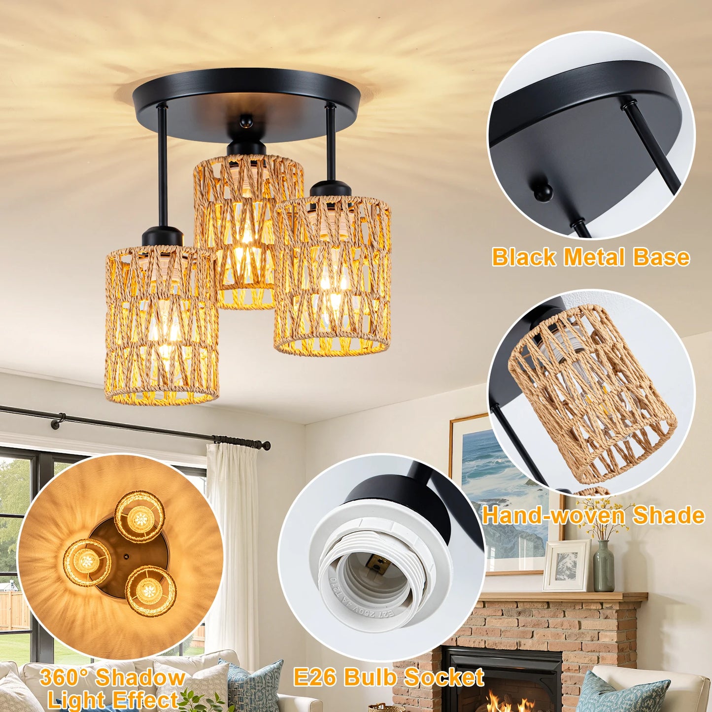 3-Lights Boho Light Fixtures Ceiling Mount, Farmhouse Rattan Chandelier, Hand Woven Cage Shade Semi Flush Mount Ceiling Lights for Bedroom Foyer Entryway Kitchen, Hallway Rattan Light Fixtures Ceiling bulb not included