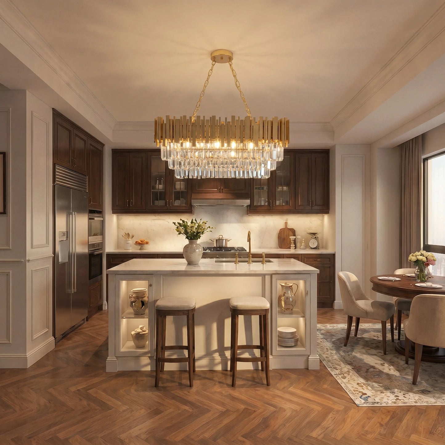 Modern Luxury Crystal Chandelier, Gold Crystal Chandelier, 3-Layer Raindrop Chandelier, Lighting Fixtures, Dining Room, Table, F