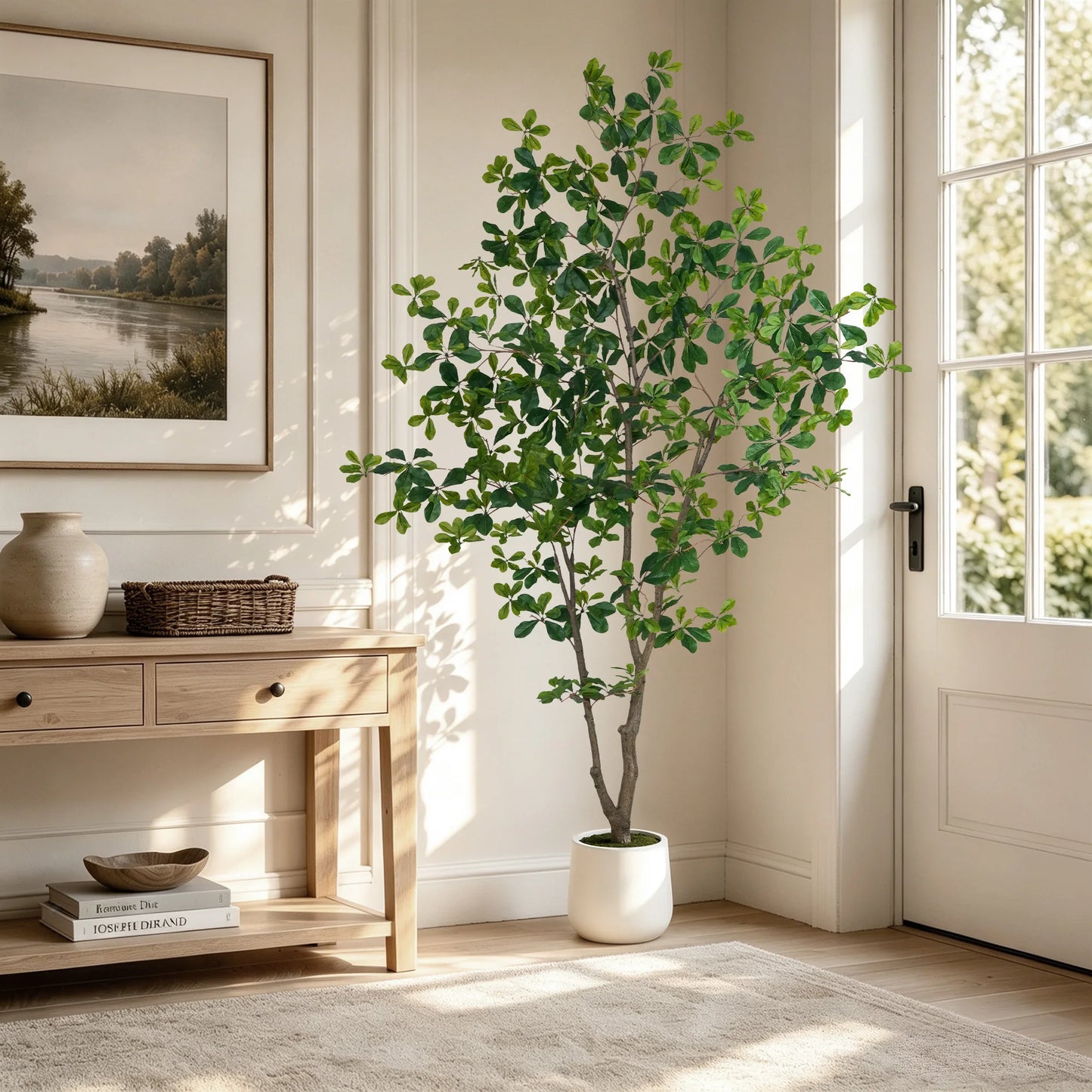 5/6/7ft Faux Black Olive Tree Faux Plants Indoor Large Tall Tree in White Round Pot Aritificial Eucalyptus Tree with Natural Wood Trunk & Realistic Leaves, Fake Olive Plant for Home Office Indoor Decor
