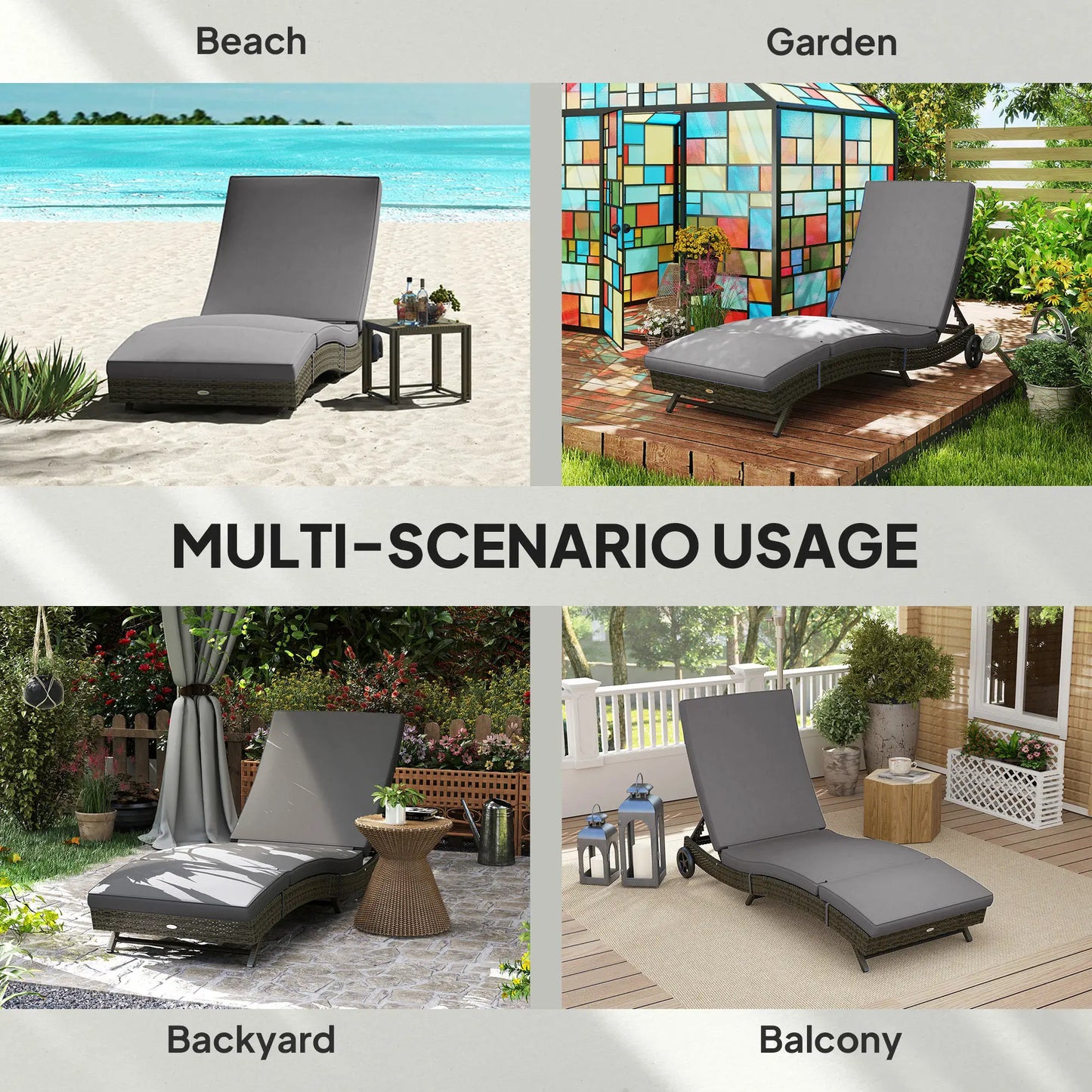 Outdoor Reclining Lounge Chair, PE Wicker, Rolling Wheels, Patio, Grey