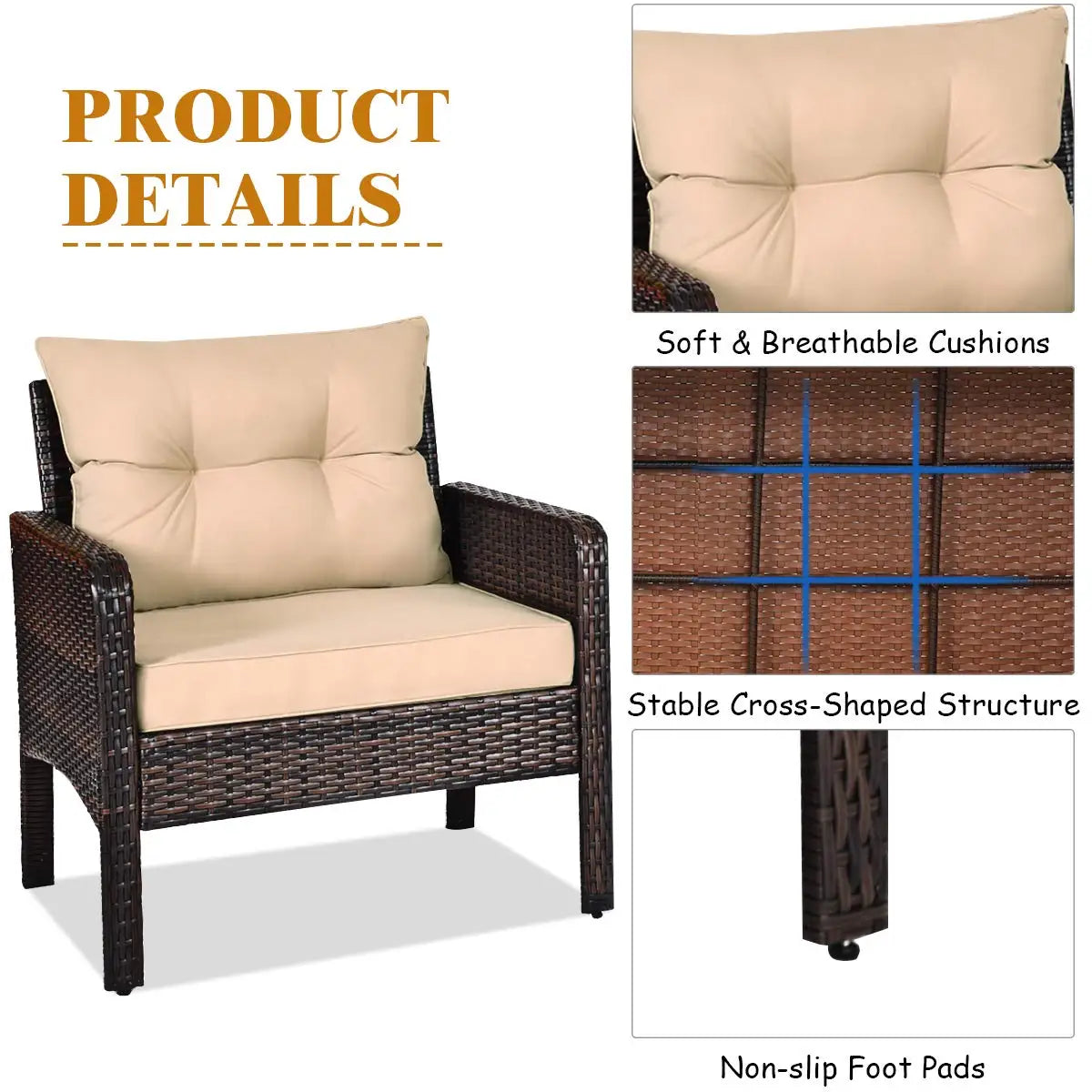 3-Piece Wicker Patio Sofa Set with Cushions & Table, All-Weather Outdoor Furniture for Balcony Deck Porch, Brown, Customized
