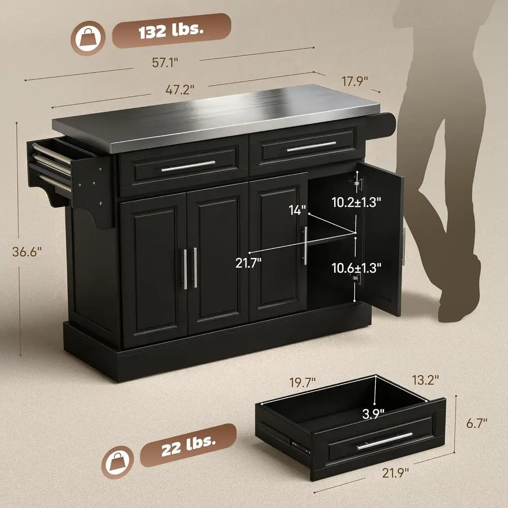 Rolling Kitchen Island Cart with 47" StainlSteel Top, Portable Island Table or Kitchen with Wheels, Adjustable Shelves, 2 Ders,