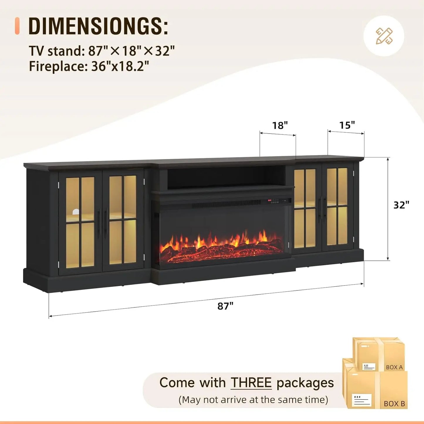 Black 87" Farmhouse TV Stand with 36" Fireplace for Living Room,Media Entertainment Center with Adjustable Shelves, Customized