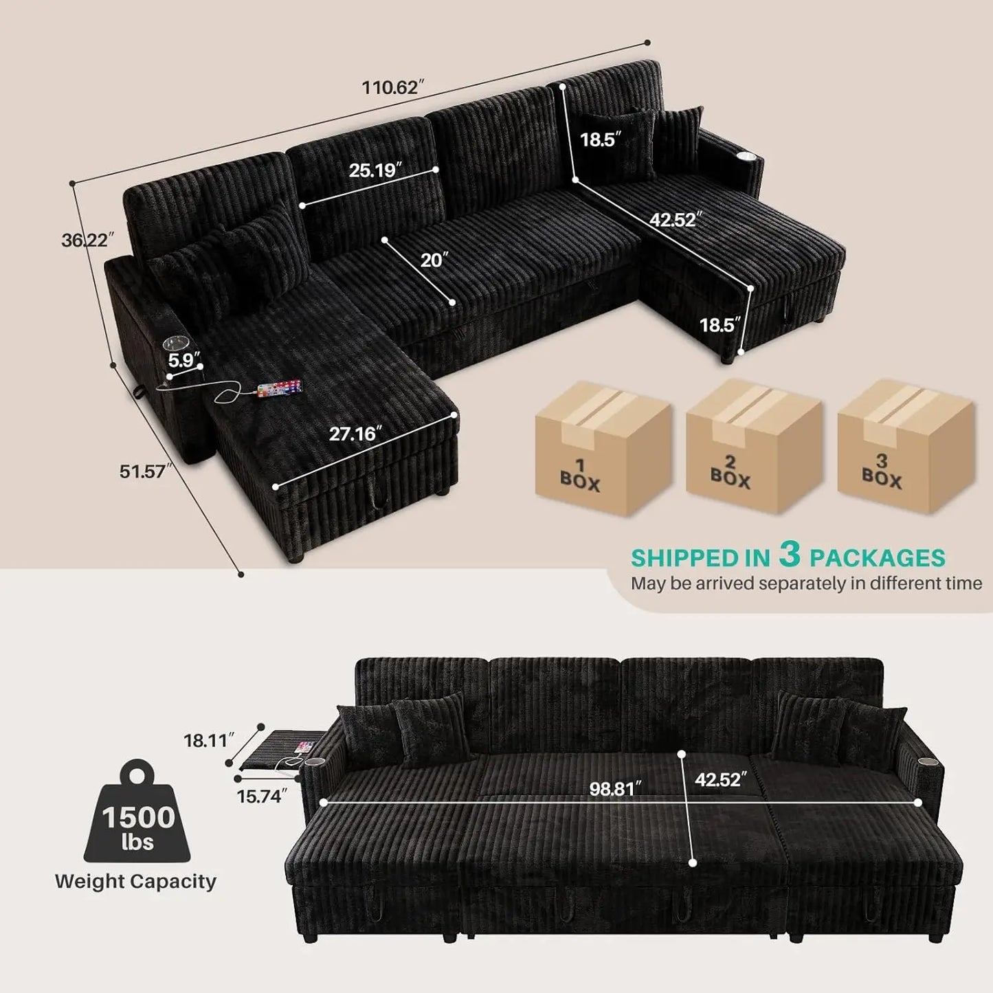 U Shaped Sleeper Sectional Sofa With USB Ports And Storage