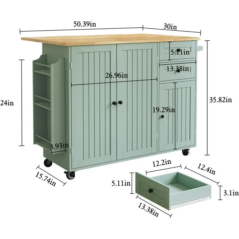 Kitchen Island with Storage, Sage Green Rolling Kitchen Cart on Wheels with Drop-Lea Bar Countertop, Islands Prep Table with Sid