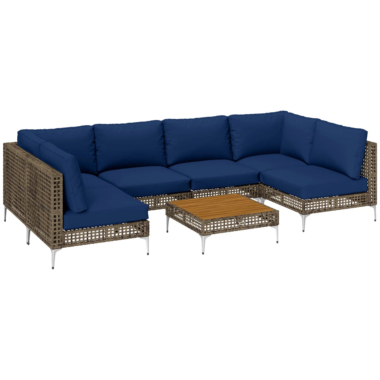7 Piece Wicker Patio Furniture Set, Modular Outdoor Sectional Conversation Set with Thickened Cushions, Acacia Wood Table, Brown/Dark Blue