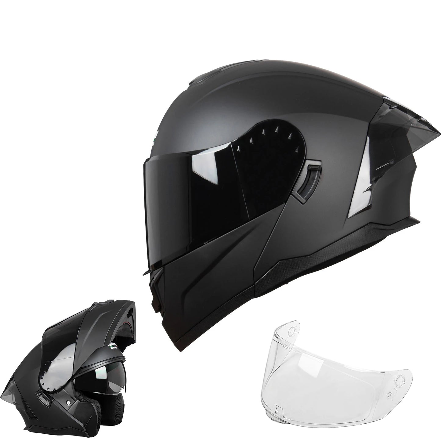 Crown Racing Modular Motorcycle Helmet, DOT Certified Flip-Up Full Face Helmet with Dual Visor and Extra Clear Shield, Adult Sizes M-XL, Matte Black