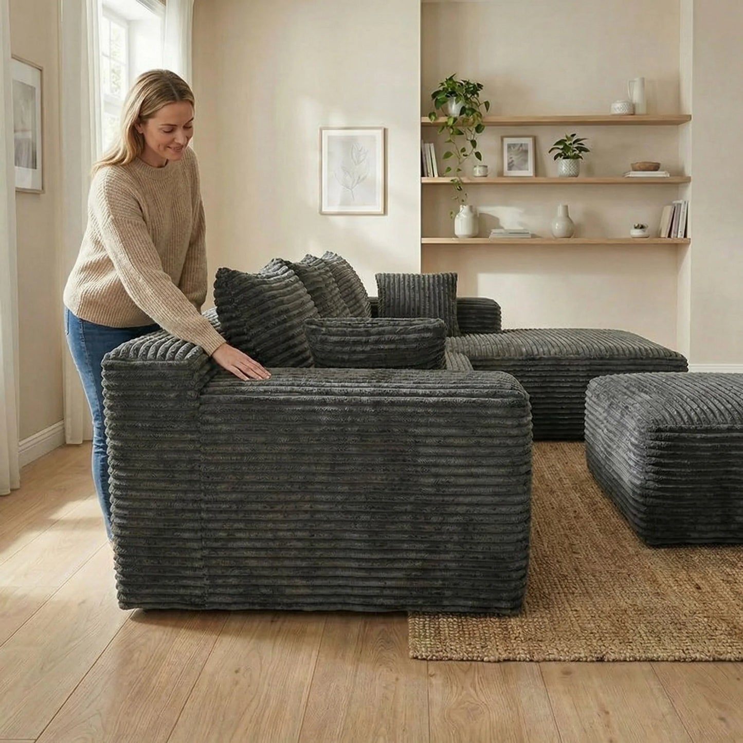 Light Luxury Minimalist Wide Vertical Striped Corduroy Modular L-Shaped Corner Sectional Sofa with Ottoman Footstool, Freely Combinable Cloud Chaise Lounge Lazy Cube Sofa, Oversized Deep Seat No Assembly Fabric Couch with Thr
