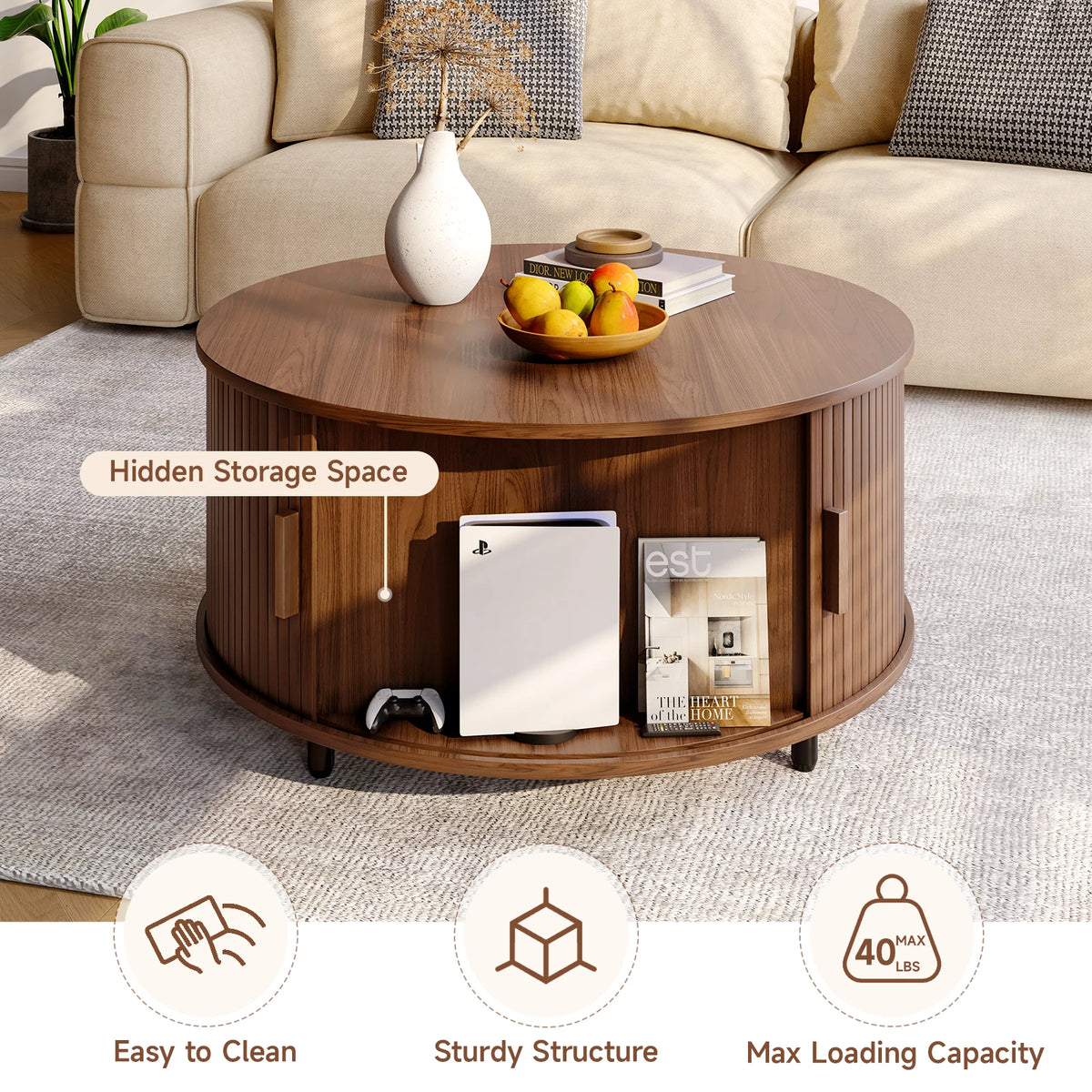 ONBRILL Round Coffee Table With Storage And Fluted Sliding Door