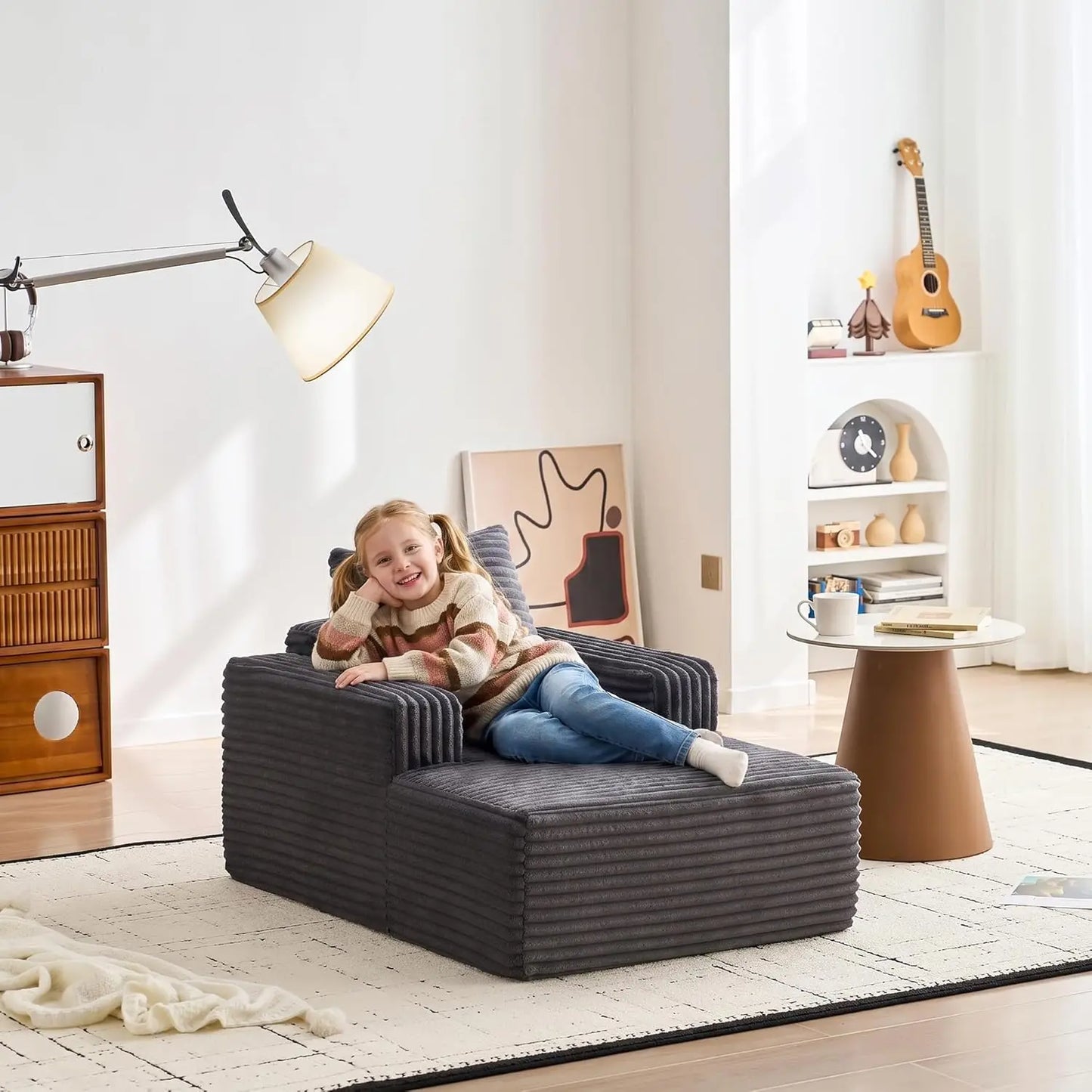 45'' Corduroy Cloud Chaise Lounge Sofa, Deep Seat Reading Chair With Wide Armrests, Back Pillow, No-Assembly Couch