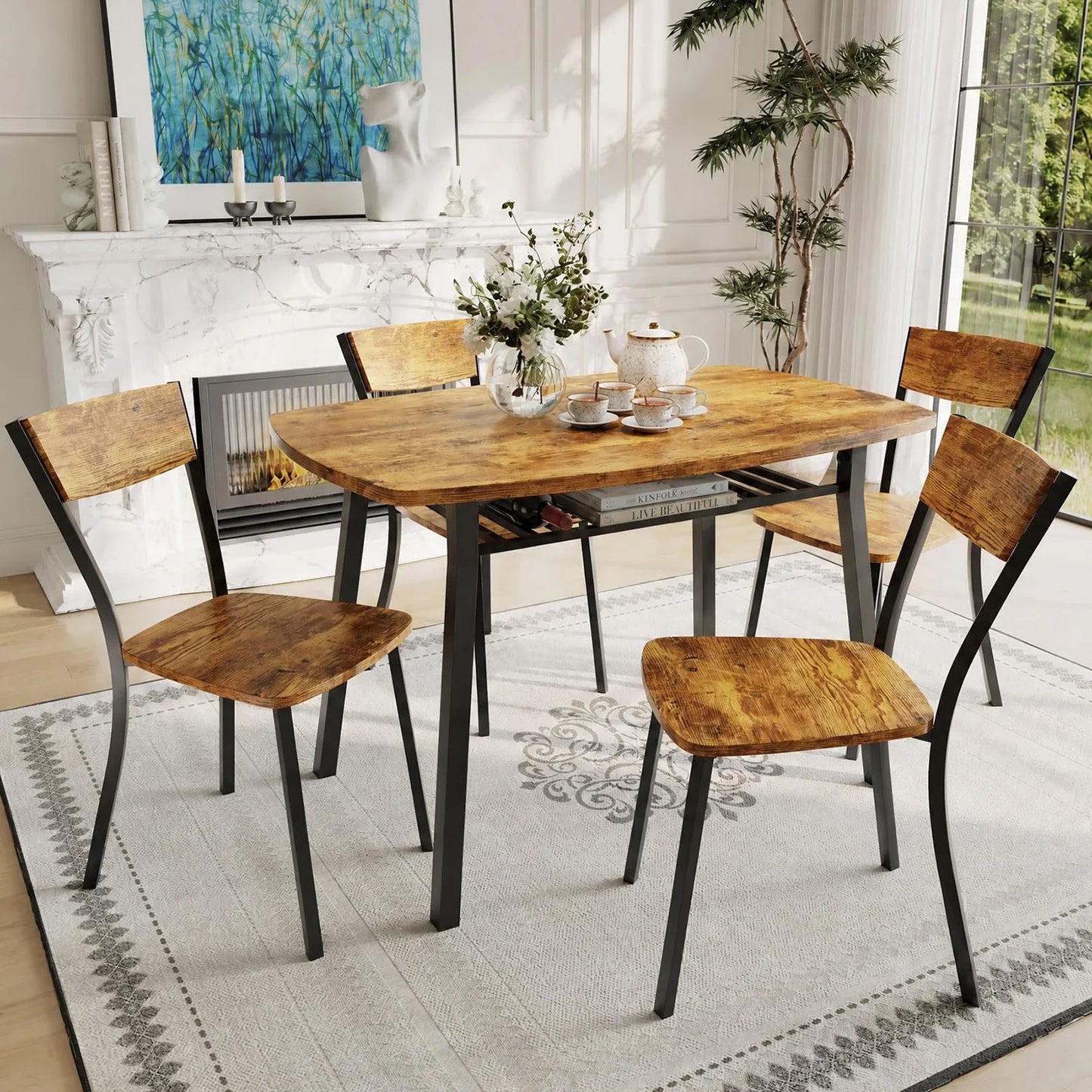 5 Piece Dining Table Set For 4, 43 Inch Kitchen Table And 4 Chairs With Storage Shelf, Space Saving Dining Set For Apartment
