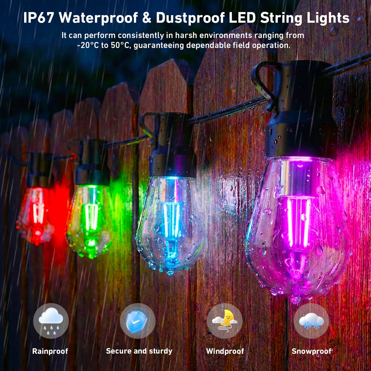 RGB IC Outdoor String Lights Dimmable With App Control IP67 Waterproof