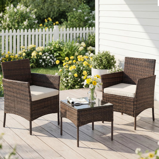 JHK Outdoor 3-Piece Wicker Rattan Patio Furniture Set With Table